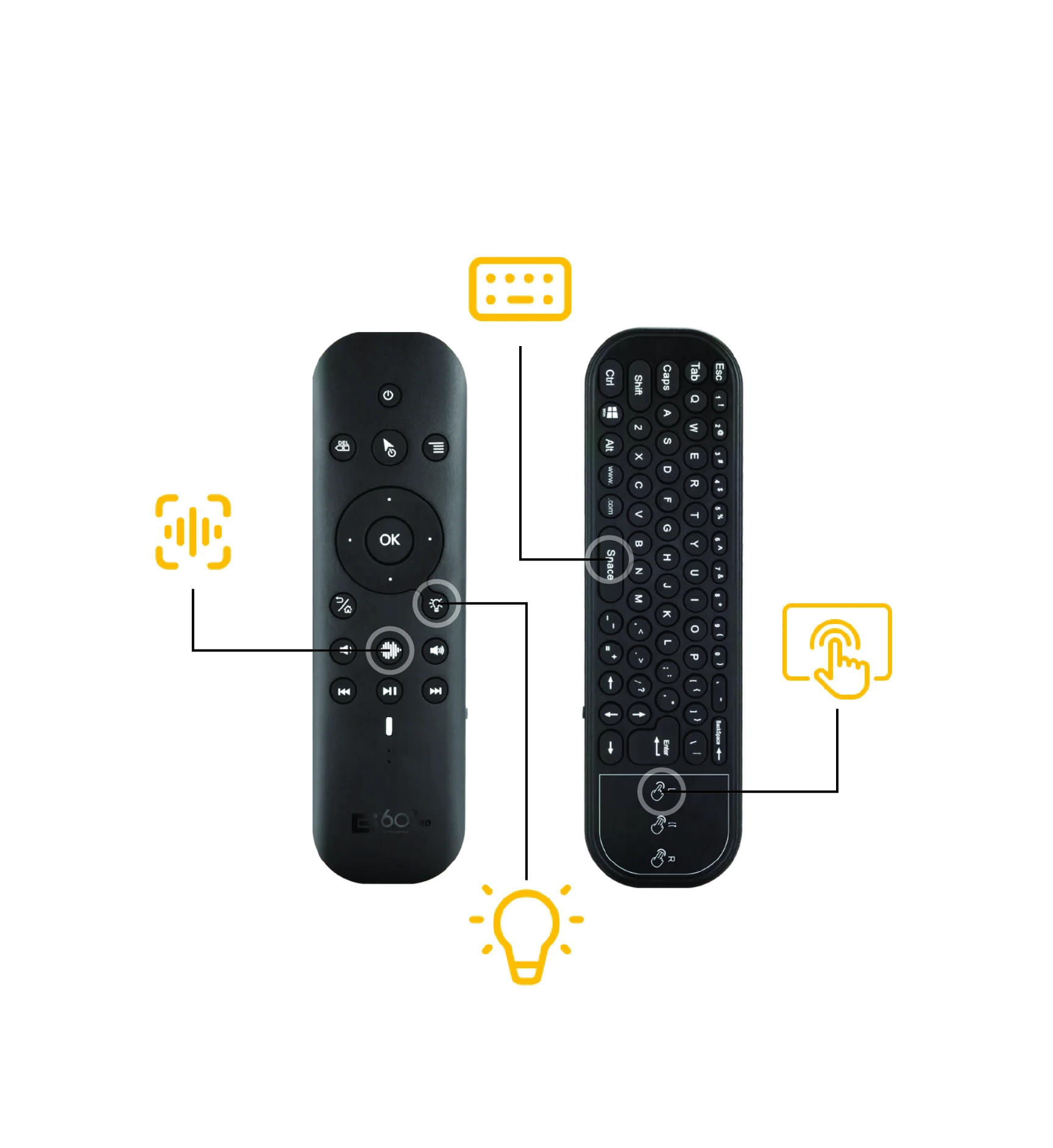 Two black Zepp remotes in a cup holder feature a keyboard for a kitchen TV.