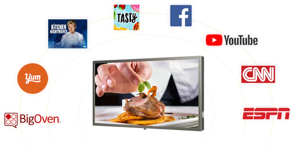 Brushed stainless steel kitchen TV with popular streaming platforms and application logo.