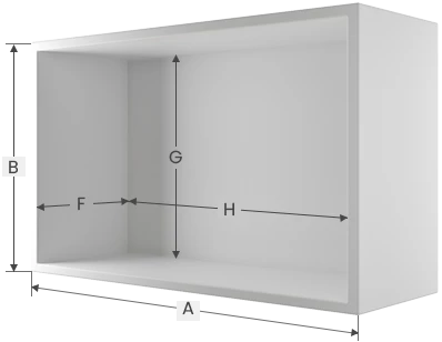 White box shelves with its dimensions on a white wall.