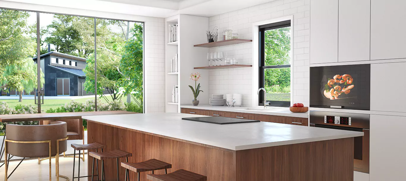 White interior dining on a yacht with a built-in kitchen TV.