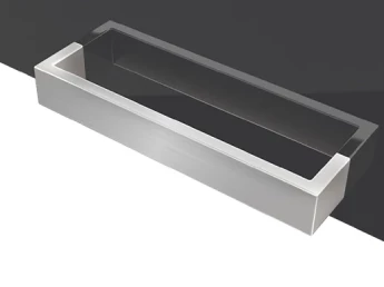 Brushed stainless steel handle in a black door cabinet.