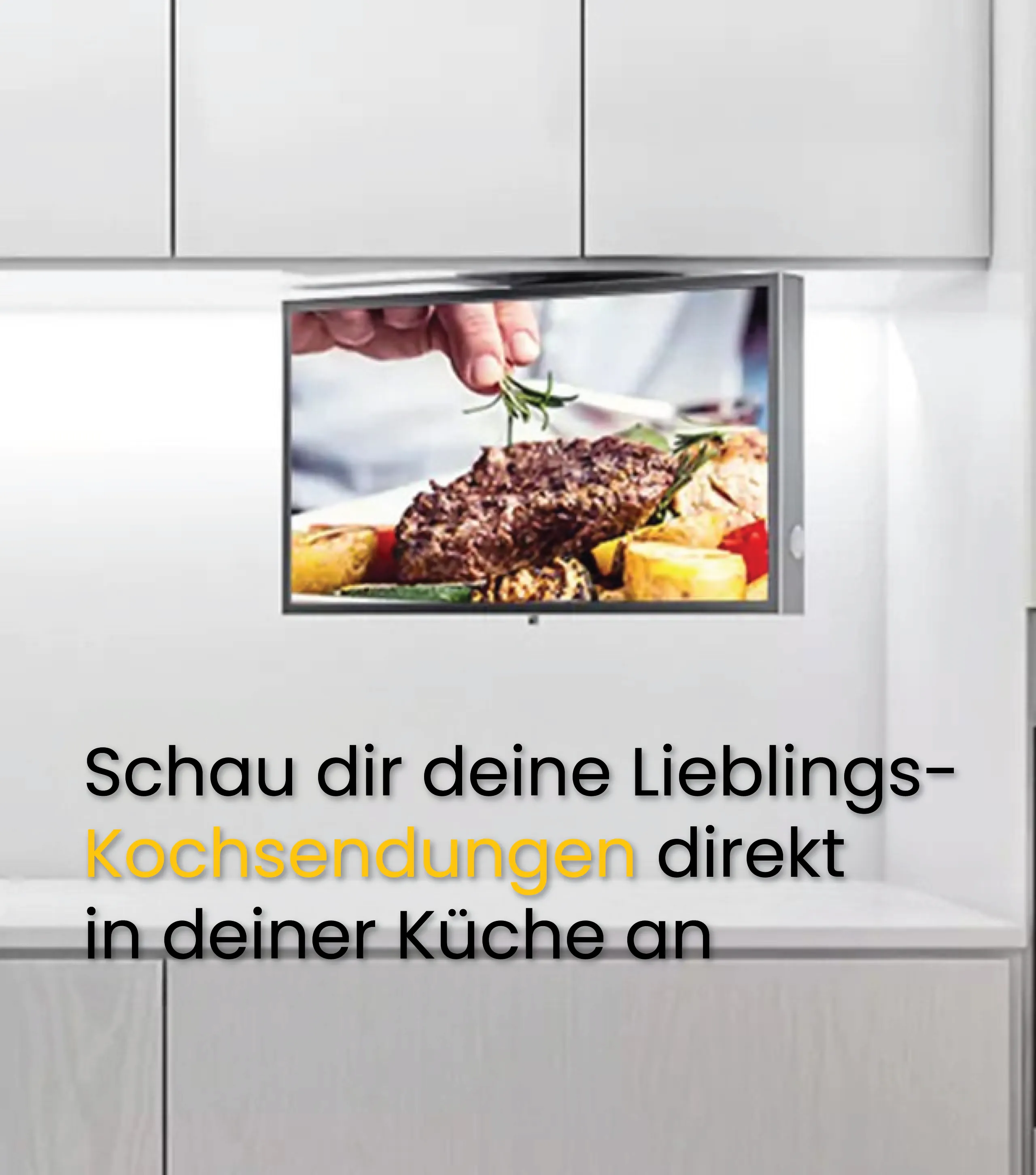 A kitchen TV underneath a white cabinet to watch your favorite cooking show.